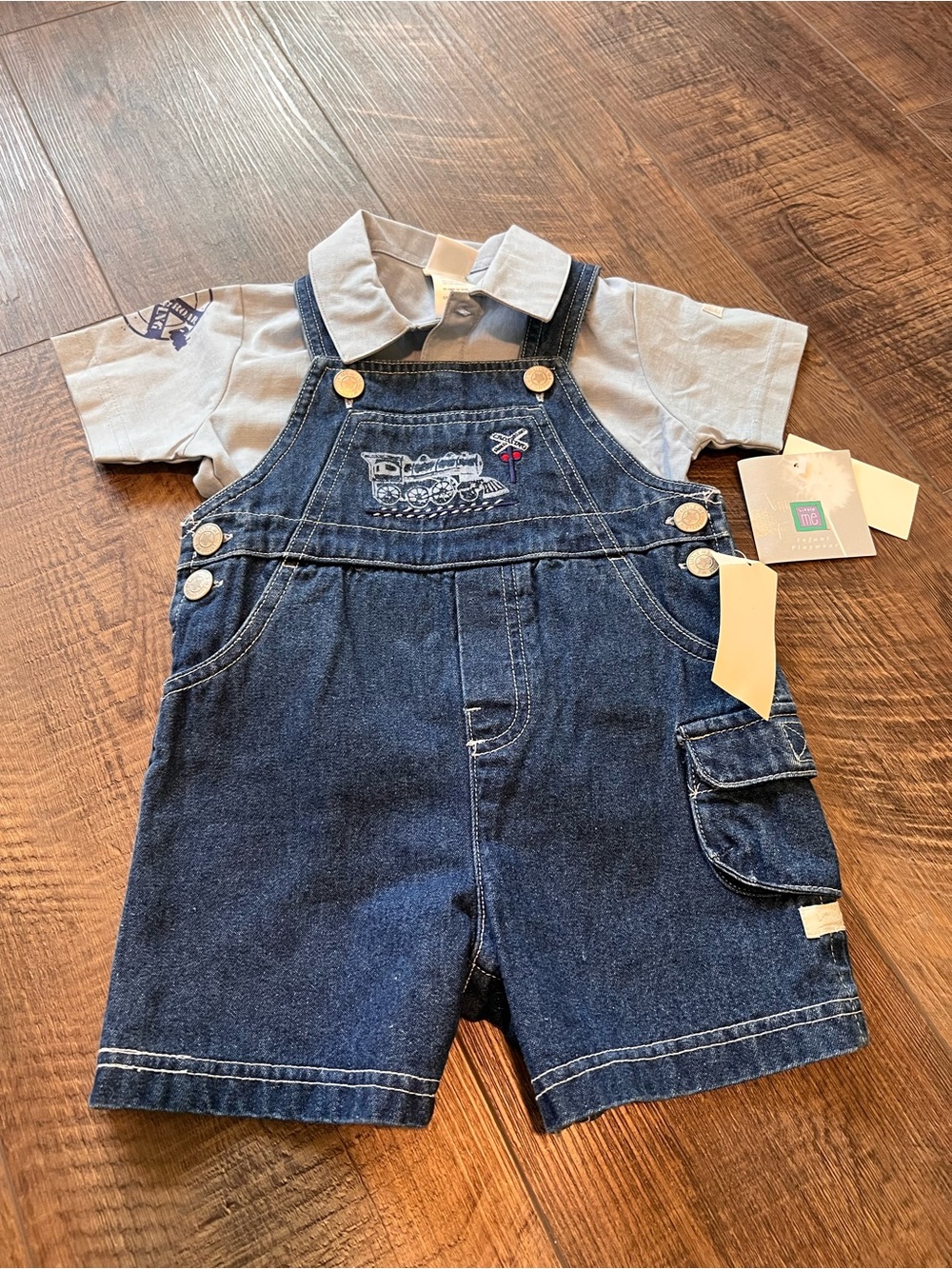 Little Me Navy Denim Short Overalls with Light Gray Polo